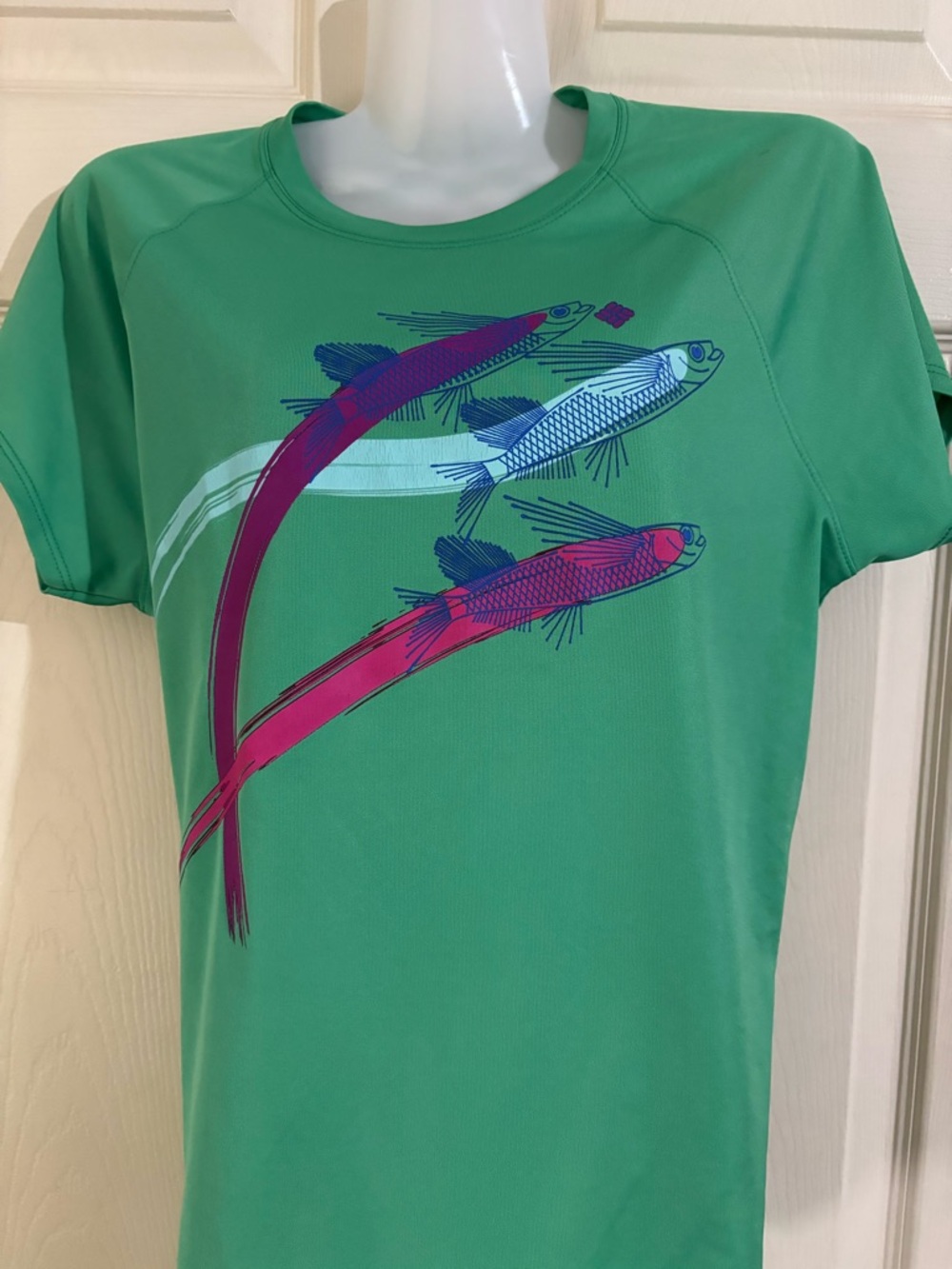Columbia Kids Swim Tee Green with Pink Purple and White Fish Graphic